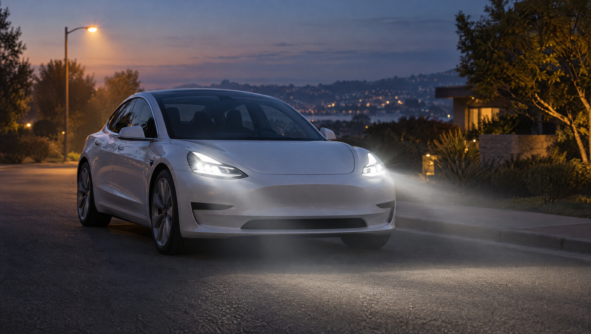 Tesla headlight recall: white Model 3-style electric sedan with LED low beams on at dusk