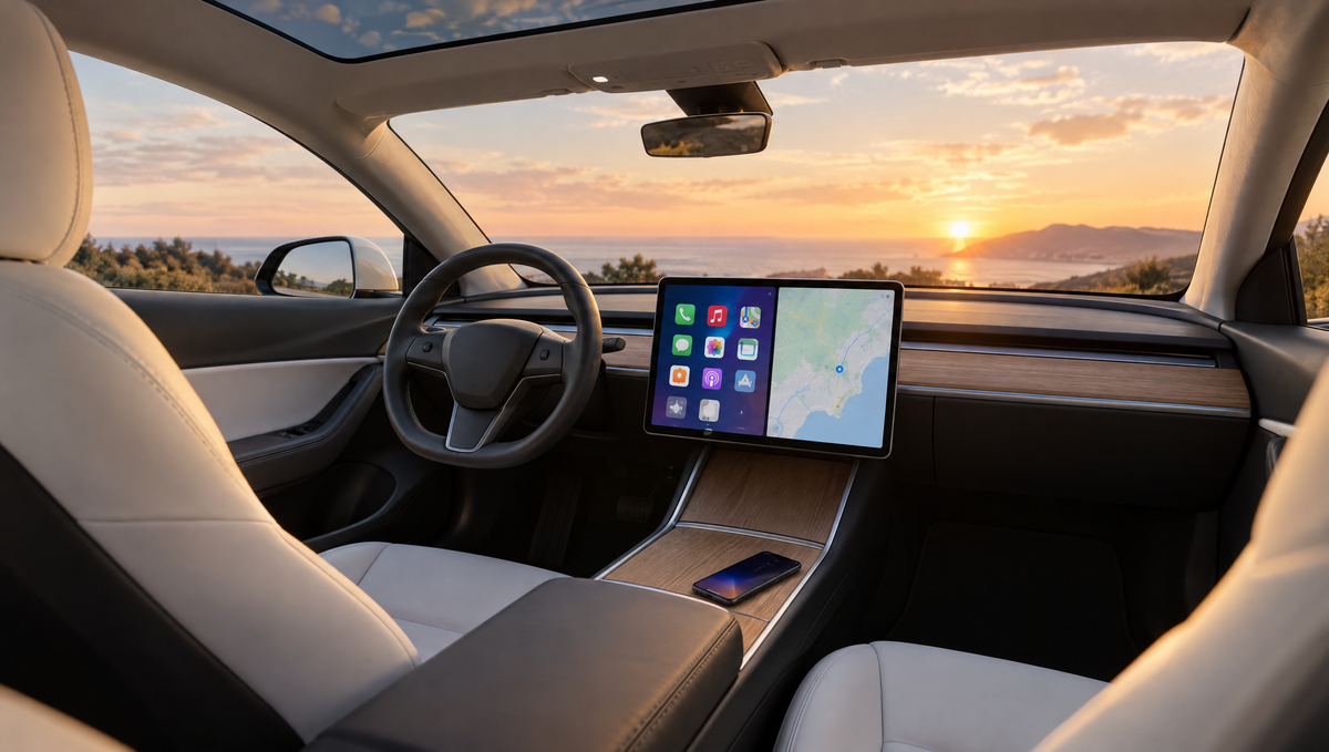 Tesla CarPlay: modern white electric car interior with a split-screen app grid and map on the center touchscreen