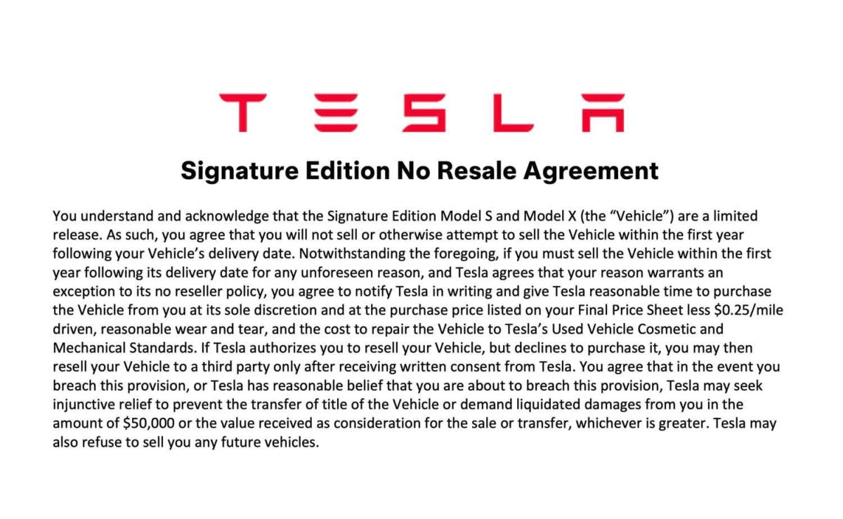 Tesla Model S/X Signature Edition Orders Require No-Resale Agreement