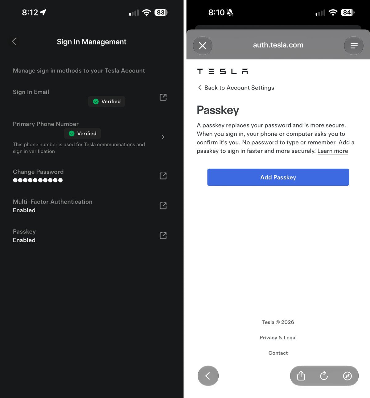 Tesla Adds Passkey Support to Tesla App