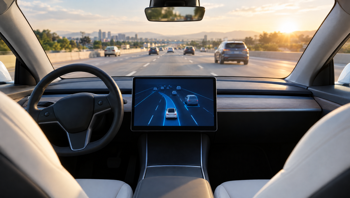 Tesla Automatic Collision Evasion: white electric car steering into an open highway lane, seen from the rear seat