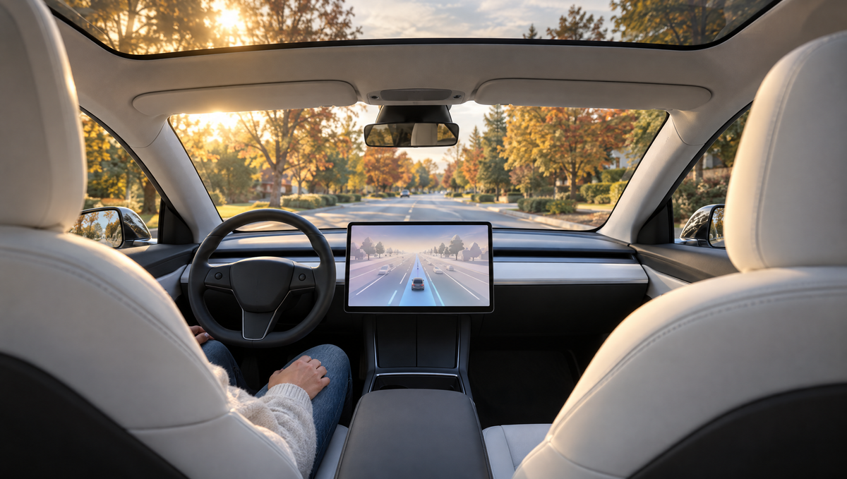 Tesla FSD v14.3 Lite for HW3: minimalist electric car cabin driving on a suburban road in autumn light