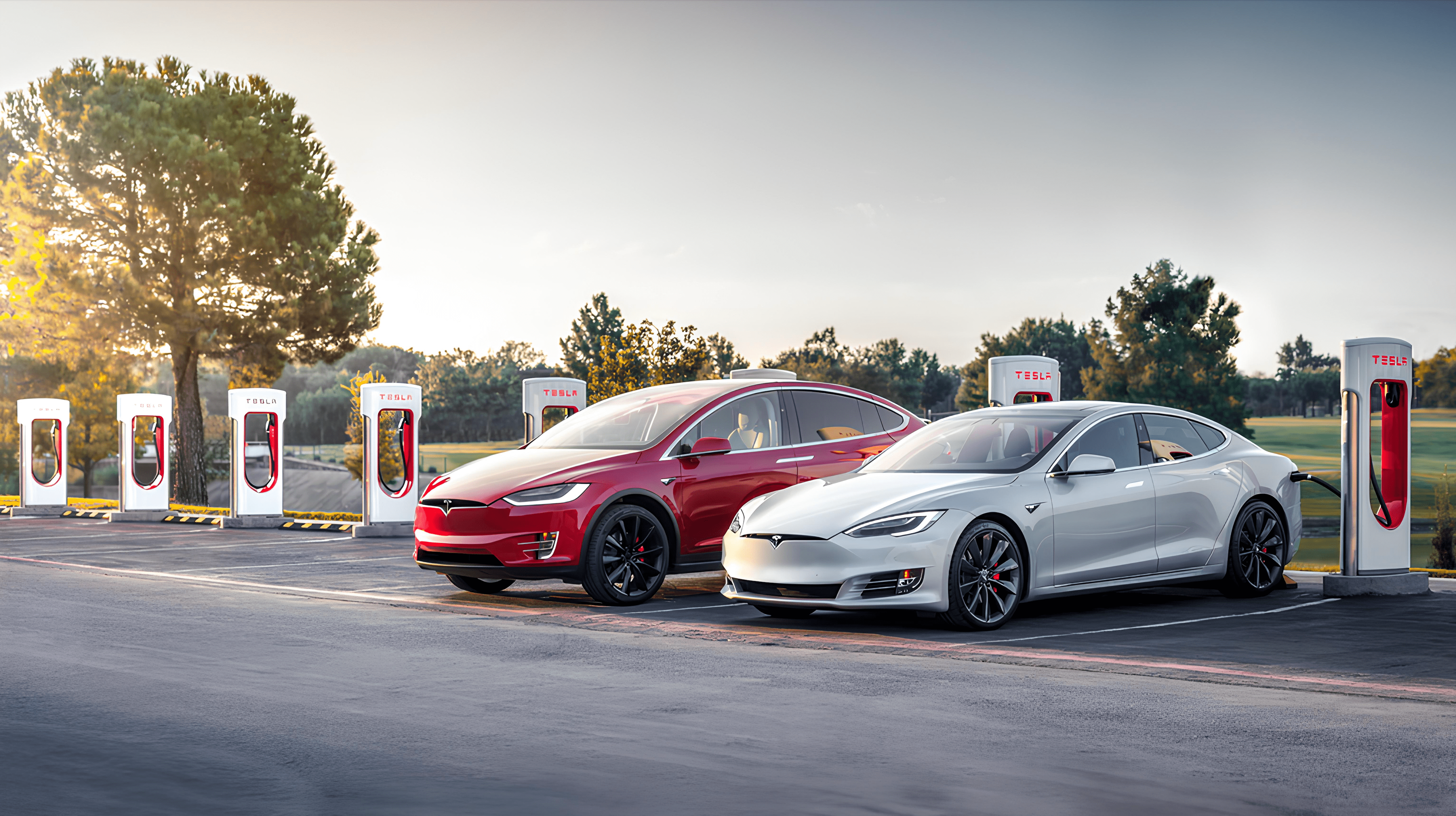 two Teslas are charging