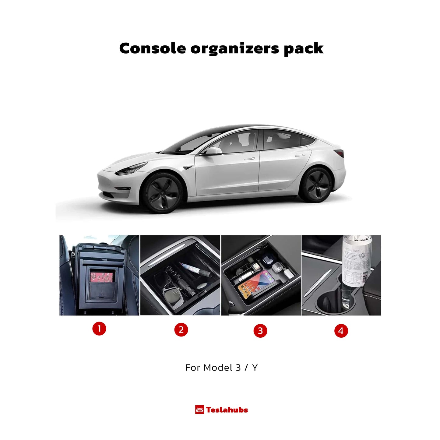 Teslahubs™ Console storage organizers pack for Model 3 / Y