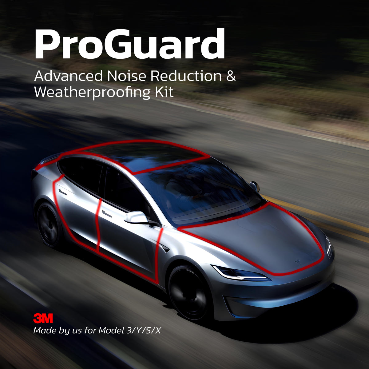 ProGuard product graphic showing a Tesla with highlighted sealing areas