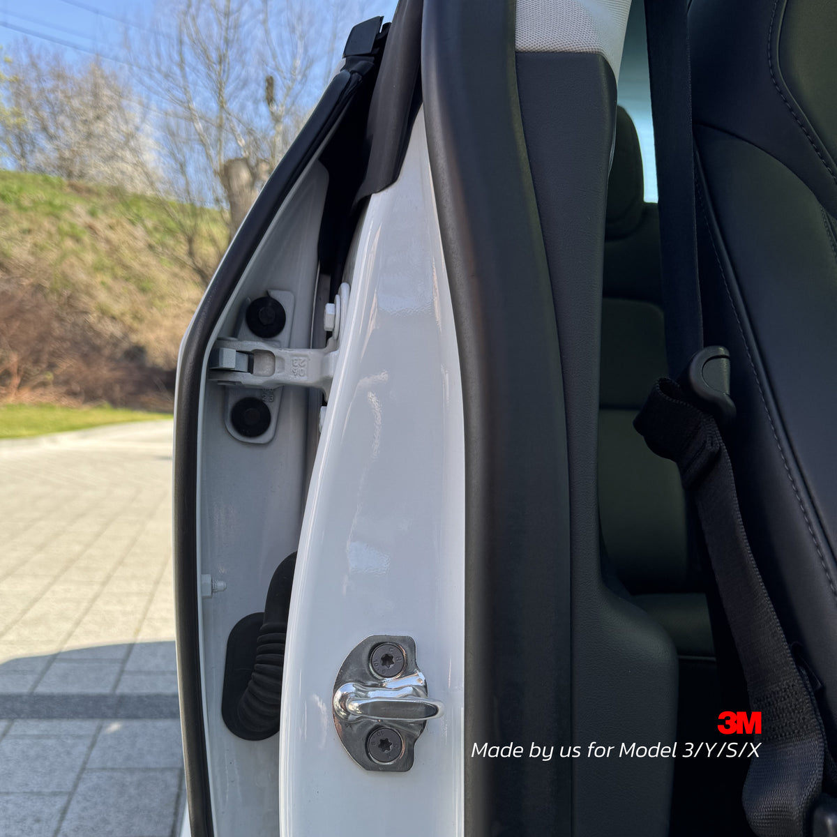 Tesla door opening with the latch striker and adjacent rubber seal