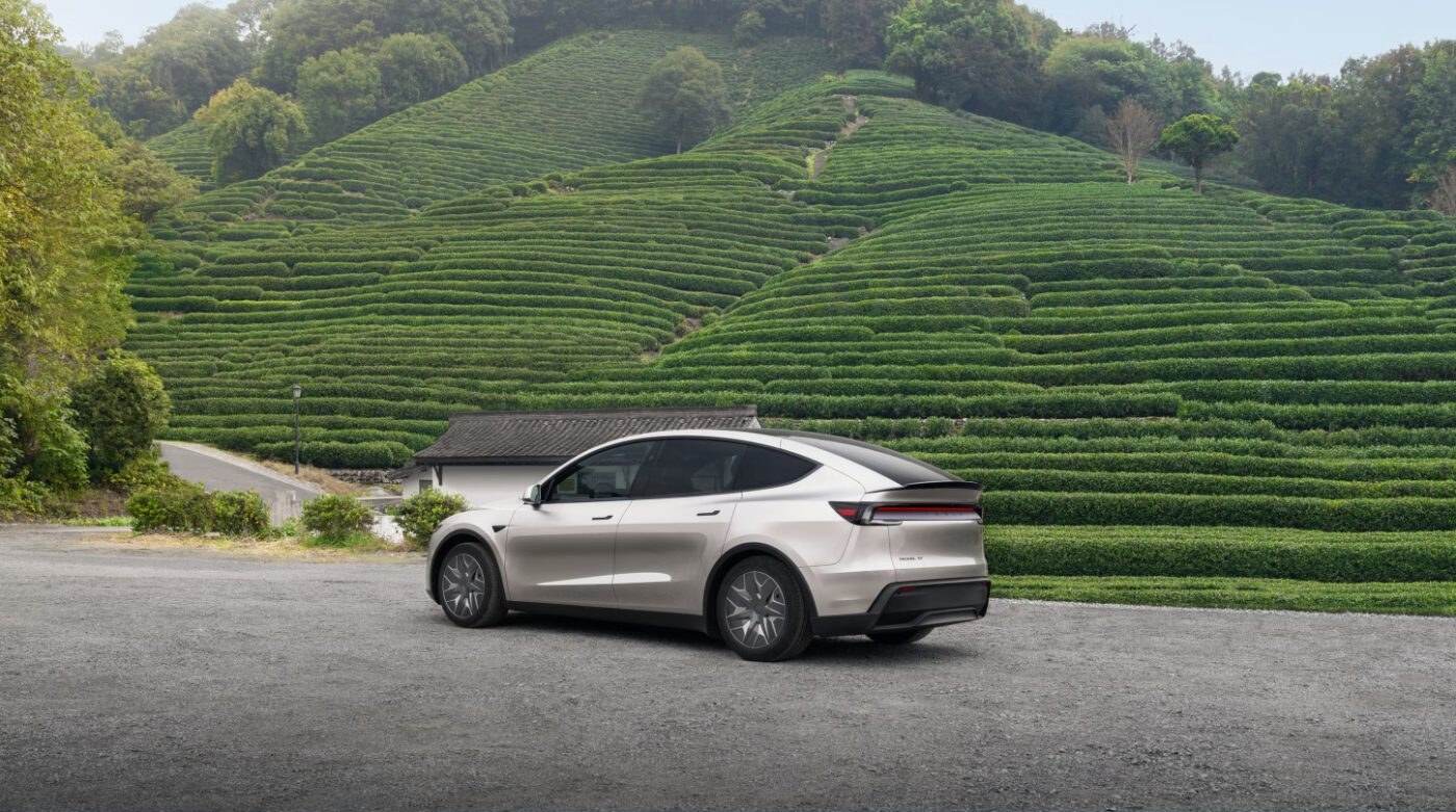 A silver Tesla parked beside green terraced hills